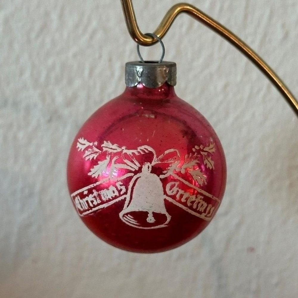 Vintage Shiny Brite 1.75'' Christmas Greeting Pink Stencil Ornament GLOWS